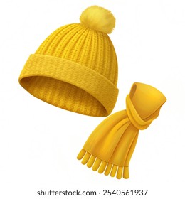 Sombrero amarillo realista con un pompón, bufanda y manopla Conjunto de punto de temporada de invierno Accesorios tradicionales con adorno Ilustración vectorial aislada con fondo blanco