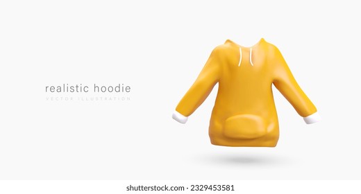 Realistic yellow hoodie sweatshirt. Sports jacket with hood with ties and large front pocket. Modern youth style. Everyday outfit. Template for header, advertising banner