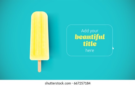 Realistic yellow ice cream on blue background, vector illustration