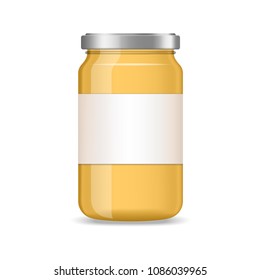 Realistic yellow jar of jam, juice with label vector mockup