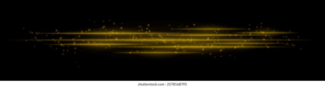 Realistic yellow light streaks with glowing particles on a black background. Futuristic energy beams, motion blur, neon glow, sci-fi speed effect.