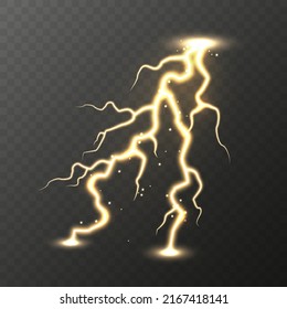 Rayo amarillo realista sobre fondo azul. Tormenta eléctrica y rayo. Brotes de luz. Efecto meteorológico tormentoso. Ilustración del vector