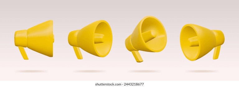 Realistic yellow loudspeaker from different angles. Vector bullhorn illustration set