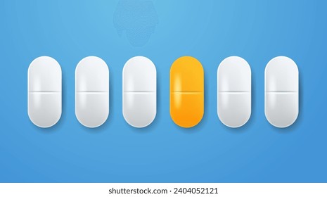 Comprimido medicamentoso amarillo realista entre los blancos con fondo azul. Ilustración del concepto de liderazgo. El concepto de elección y singularidad