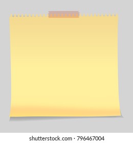 Realistic yellow memo stickers mockup. White squared note, notebook, copybook paper stripes stuck with push pins and clips sticky notes paper sheets templates, reminders. Vector illustration stock.