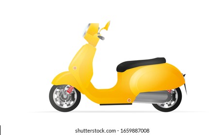 Realistic yellow moped in the old style. Yellow scooter isolated on a white background. Vector illustration.