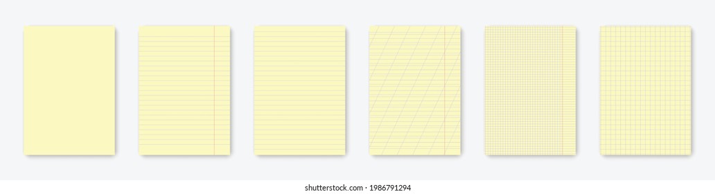 Realistic yellow notebook sheets: striped, checked, with margins, for writing, empty. Isolated on a light background with realistic shadows. Vector illustration EPS10	
