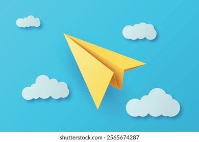 Realistic Yellow Paper Airplane Flying in Blue Sky with Shadowed Paper Clouds. Conceptual Flight Illustration. Vector Artwork. Creative Aviation Design. Sky Scene with Paper Plane. Vector Illustration