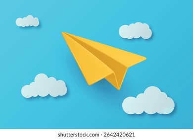 Realistic Yellow Paper Airplane Flying in Blue Sky with Shadowed Paper Clouds. Conceptual Flight Illustration. Vector Artwork. Creative Aviation Design. Sky Scene with Paper Plane. Vector Illustration