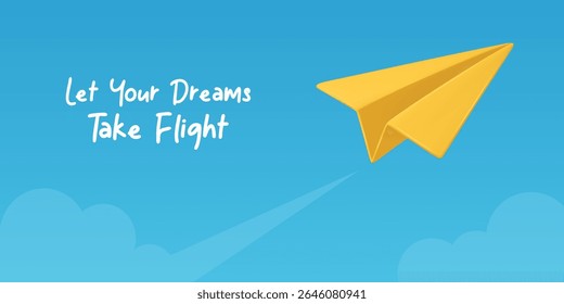 Realistic Yellow Paper Airplane Flying in Blue Sky Background. Conceptual Flight Illustration. Vector Artwork. Creative Aviation Design. Sky Scene with Paper Plane. Vector Illustration