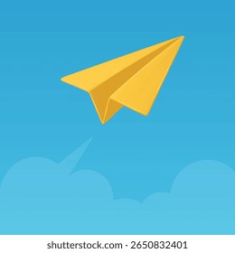 Avião Realista de Papel Amarelo Voando no Fundo do Céu Azul. Ilustração de voo conceitual. Arte vetorial. Design criativo de aviação. Cena do Céu com Plano de Papel. Ilustração de vetor