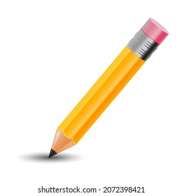 Realistic yellow pencil with eraser isolated on white background. Stationery for office and school, drawing, underlining. Vector illustration.