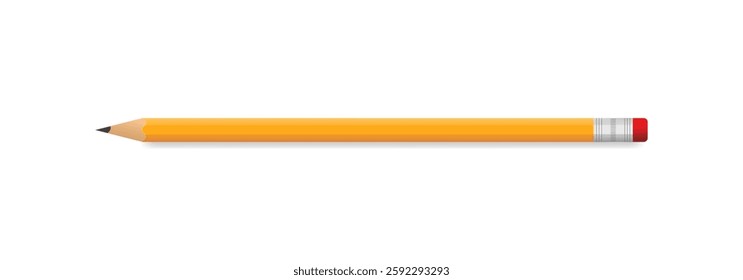 Realistic yellow pencil on white background. Sharpened pencil with rubber band isolated design. Education object can used as a logo or icon, as a separate element in school designs illustration