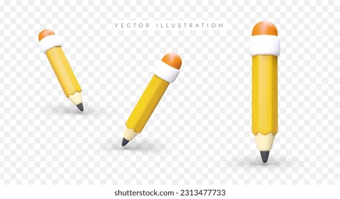 Realistic yellow pencil. Set of 3D wooden pencils with erasers. Icons for educational resources, school sites, student applications. Graphite writing tool