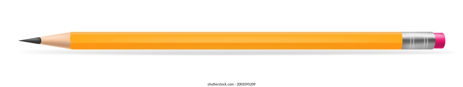 Realistic yellow pencil sharpened with pink rubber band. Vector illustration isolated on white background 