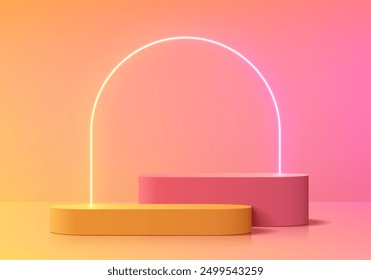 Realistic yellow, pink 3D round podium background with arch frame neon backdrop wall scene. Minimalist mockup pedestal, Abstract product display presentation, Stage showcase. Vector platform design.