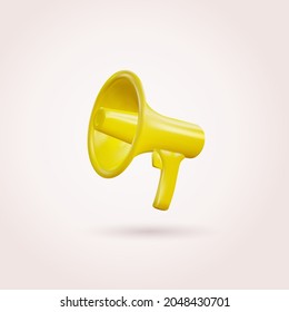 Realistic yellow plastic megaphone with shadow on white background. Marketing time concept, 3d megaphone, loudspeaker. Vector illustration. 