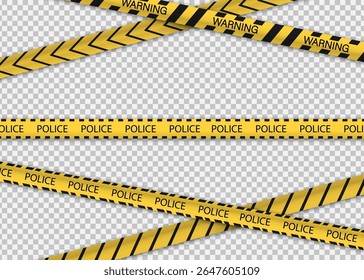 Fitas amarelas realistas de polícia e advertência com texto preto e listras em um fundo transparente, usadas para cenas de crime ou design de área perigosa.