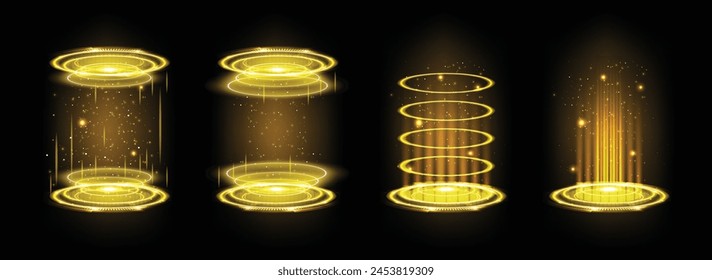 Portal amarillo realista y círculo de oro mágico. Iluminación Futurista Brillante, Aura Brillante y Holograma Brillante. Vector.