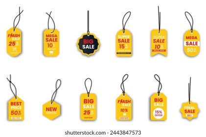 Realistic yellow price tags collection. Special offer or shopping discount label with shadow