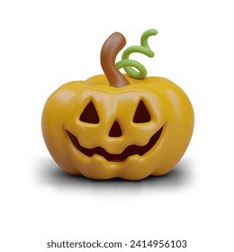 Realistic yellow pumpkin with cut out eyes, nose and smile. Funny spooky decoration for Halloween. Vector illustration in 3d style with shadow and white background