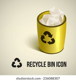 Realistic yellow recycle bin icon, isolated vector illustration. Design for stickers, logo, web and mobile app. 