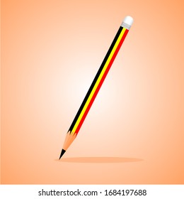 
Realistische gelbe, rote, schwarz-realistische Vektorillustration-Bleistift-Abbildung, spitze Spitze, langer weißer Radiergummi auf orangefarbenem Hintergrund.