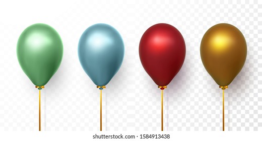 Realistic yellow, red and blue balloons on transparent background with shadow. Shine helium balloon for wedding, Birthday, parties. Festival decoration. Vector illustration.