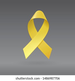 Realistic Yellow Ribbon on isolated dark gray background. Childhood Cancer Awareness symbol in September. Template for banner, poster, invitation, flyer. Vector illustration. EPS10