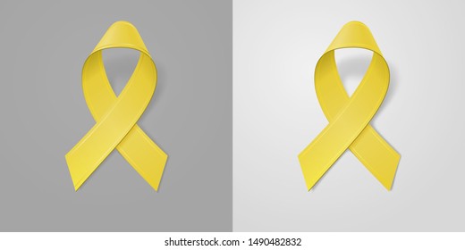 Realistic Yellow Ribbon on light and dark gray background. Childhood Cancer Awareness symbol in September. Template for banner, poster, invitation, flyer. Vector illustration. EPS10