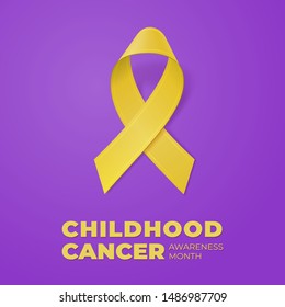 Realistic Yellow Ribbon on violet background. Template for banner, poster, invitation, flyer. Childhood Cancer Awareness Month typography. Vector illustration. EPS10