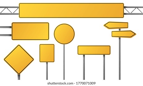 Realistic yellow road sign. Isolated signal tables. Blank street traffic symbols, stopping boards. Signaling plates vector set