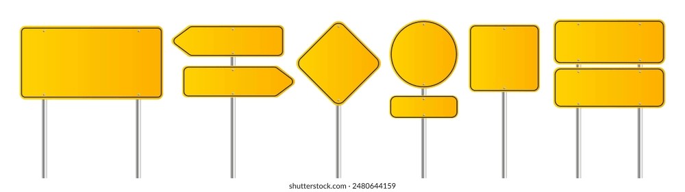 Realistic yellow road sign. Isolated signal tables. Blank street traffic symbols, stopping boards. Signaling plates vector set. Signal road for control traffic collection illustration