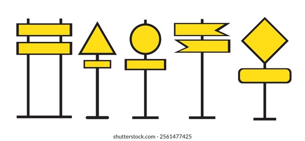 Realistic yellow road sign. Isolated signal tables. Blank street traffic symbols, stopping boards. Signaling plates vector set. Signal road for control traffic collection illustration