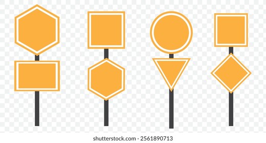 Realistic yellow road sign. Isolated signal tables. Blank street traffic symbols, stopping boards. Signaling plates vector set. Signal road for control traffic collection illustration. eps 10.