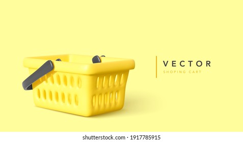 Realistic yellow shopping cart with shadow isolated on yellow background. Vector illustration