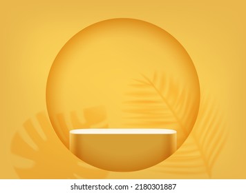 Realistic yellow showcase with podium in a round hole of the wall. 3d vector mockup with shadow overlay effect