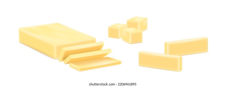 Realistic yellow slices of butter. Cubes of margarine or spread, fatty dairy product for cooking and eating isolated on white background. 3d vector illustration