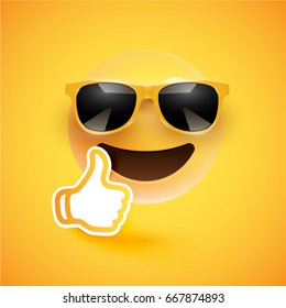 Realistic yellow smiley with sunglasses and thumbs up, vector illustration