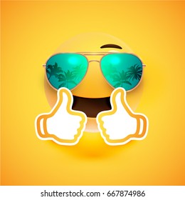 Realistic yellow smiley with sunglasses and thumbs up, vector illustration