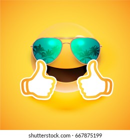 Realistic yellow smiley with sunglasses and thumbs up, vector illustration