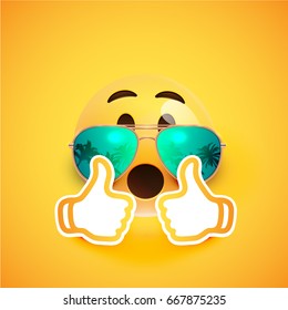 Realistic yellow smiley with sunglasses and thumbs up, vector illustration