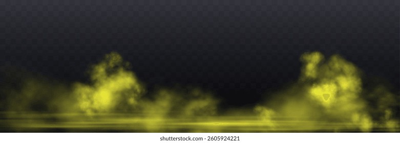 Realistic yellow smoke or haze, overlay effect on a transparent background. Hot fire and flame, magic fog, vapor on floor. Abstract vector illustration