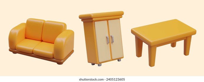 Realistic yellow sofa, wardrobe, table. Set of furniture for home, office. Arrangement of rest area. Living room set. Vector objects at angle. Motion effect
