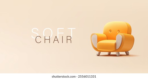 Realistic yellow soft chair, 3D. For concepts of home comfortable furniture, relaxation. Furniture for interior. Vector illustration