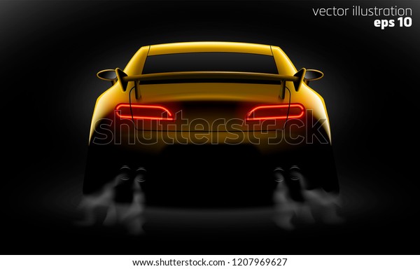 realistic yellow sport car back view with unlocked\
rear lights in the\
dark
