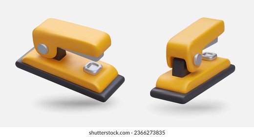 Realistic yellow stapler. Device for binding papers. Stationery. Association, fixation. Icons for stationery store. Detailed illustrations for site, game, application