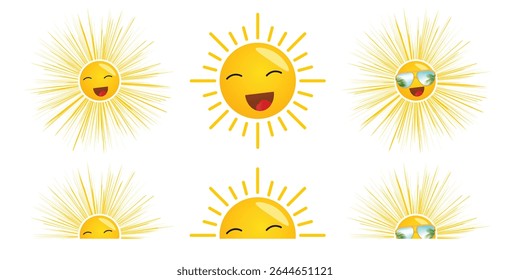 Realistic Yellow sun icon set, sunshine and solar glow, sunrise or sunset. Decorative circle full and half sun and sunlight. Hot solar energy for tan. Vector sign.