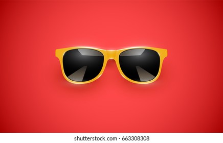 Realistic yellow sunglasses on red background, vector illustration