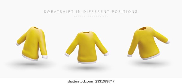 Sudadera amarilla realista al estilo plasticino. Vista desde diferentes lados. Iconos aislados con sombras. Blanqueos para etiquetas, soportes de visualización, marca de categoría de producto